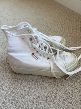 Superga White Canvas Platform High-Top Sneakers